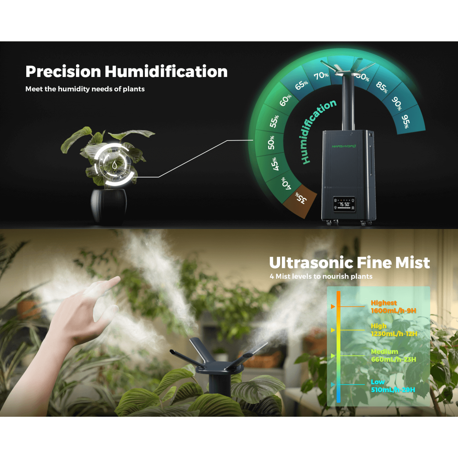 Mars Hydro 15L Large Humidifier with Ultrasonic Cool Mist, Temperature and Humidity Sensor, and Remote Control