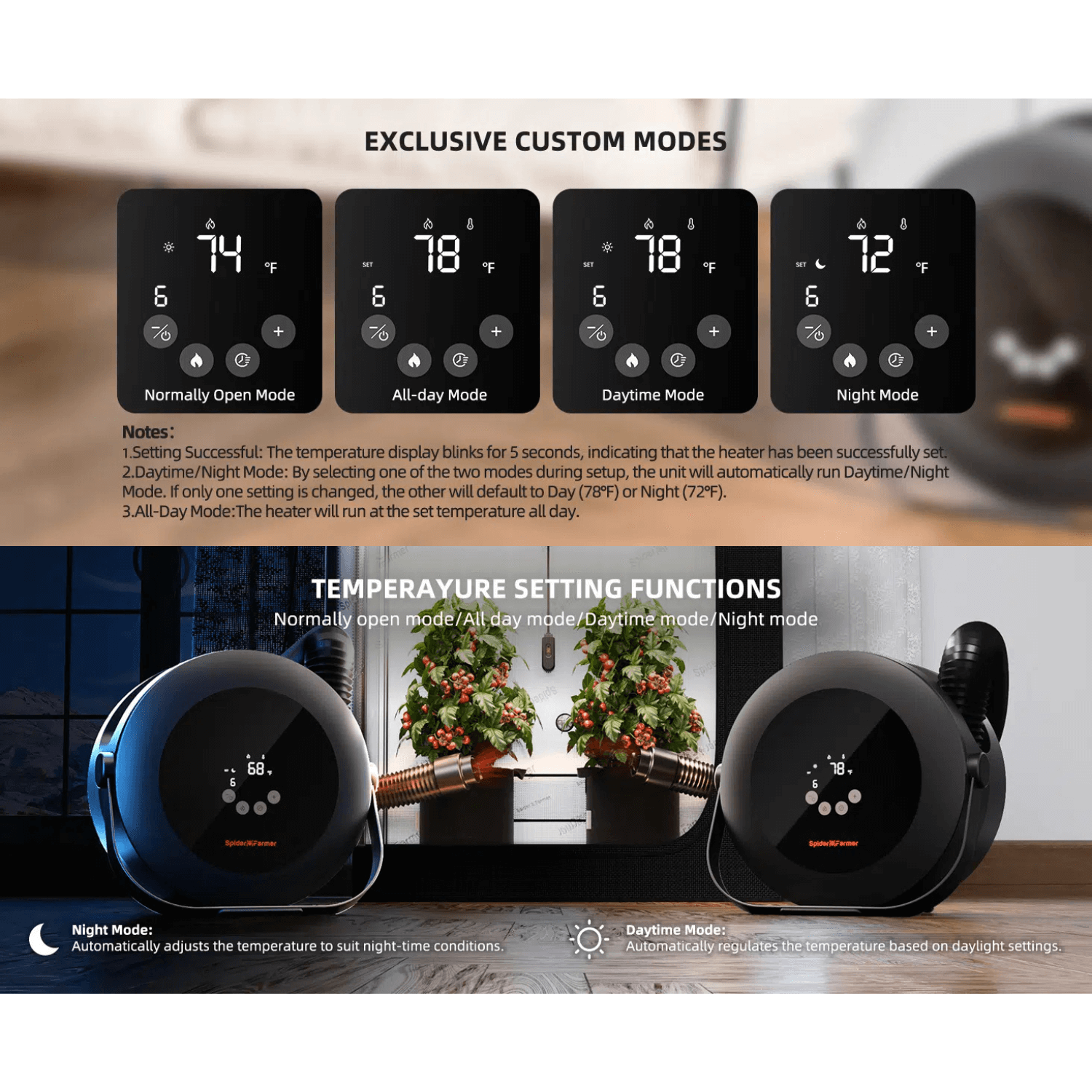 Spider Farmer Grow Tent Heater with Smart Temperature Control, Auto Settings, and 24H Timer