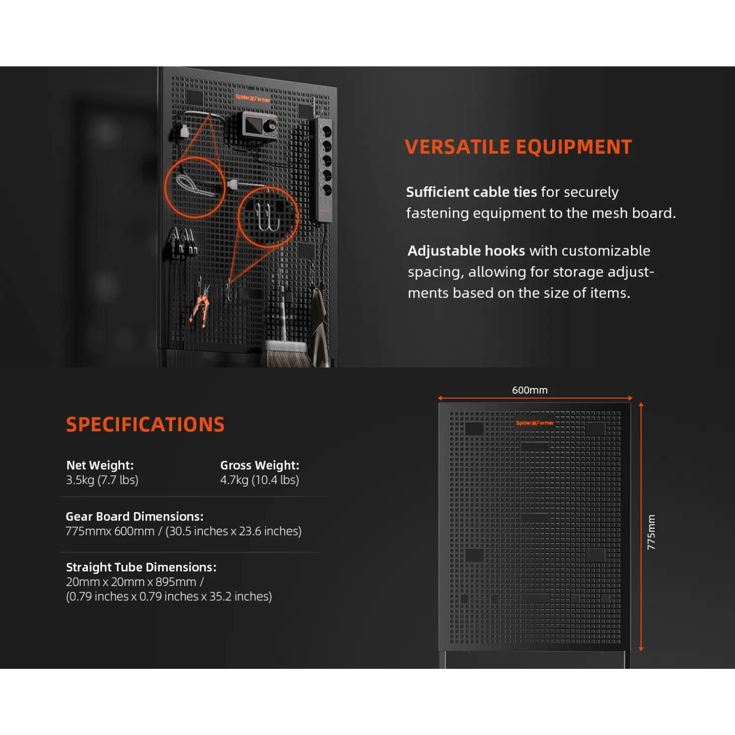 Spider Farmer Grow Tent Gear Board - Equipment and Cable Management System