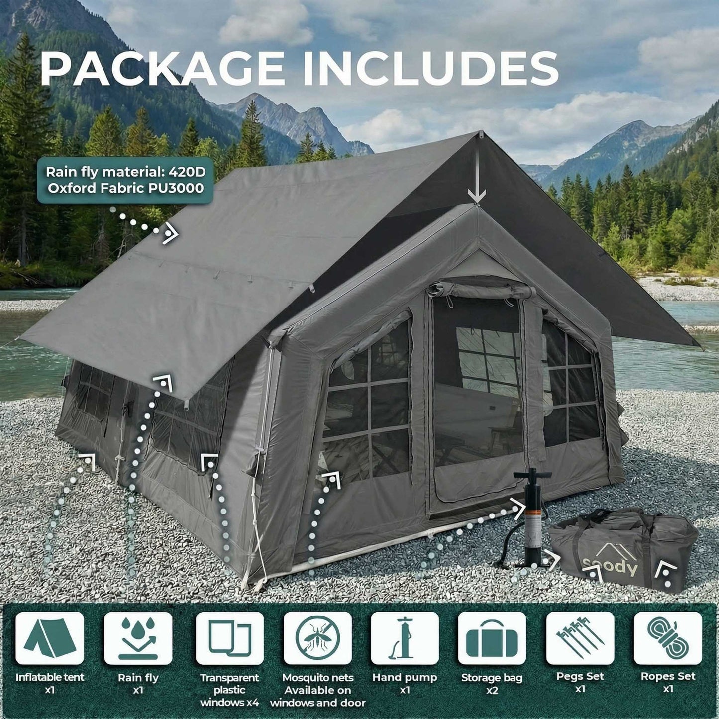 Coody Familia AirTent 13.6 Gray Inflatable Tent House for Camping (2-8 Person)