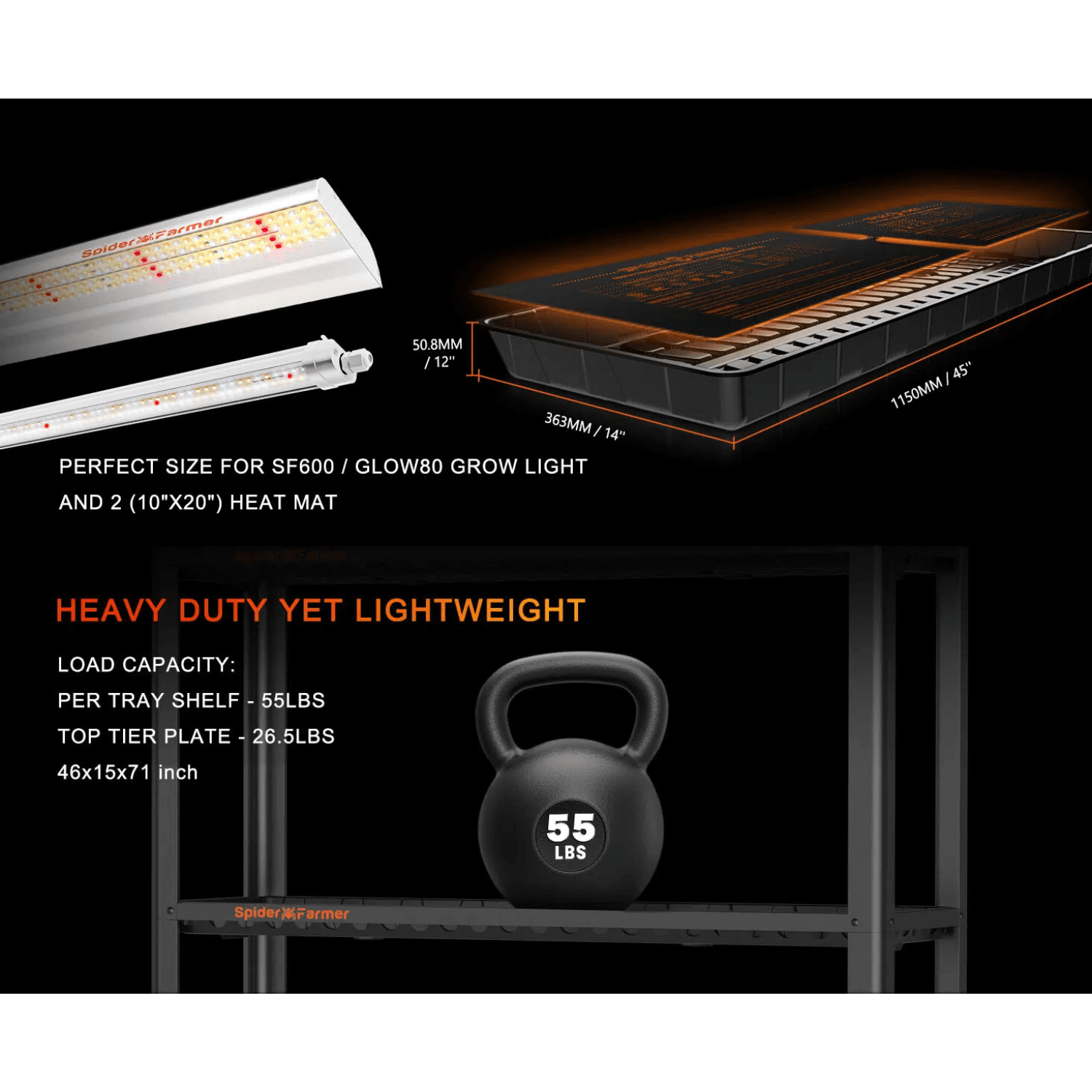 Spider Farmer SF600 and Growshelves Combo - Indoor LED Grow Light and Metal Plant Stand with Plant Trays