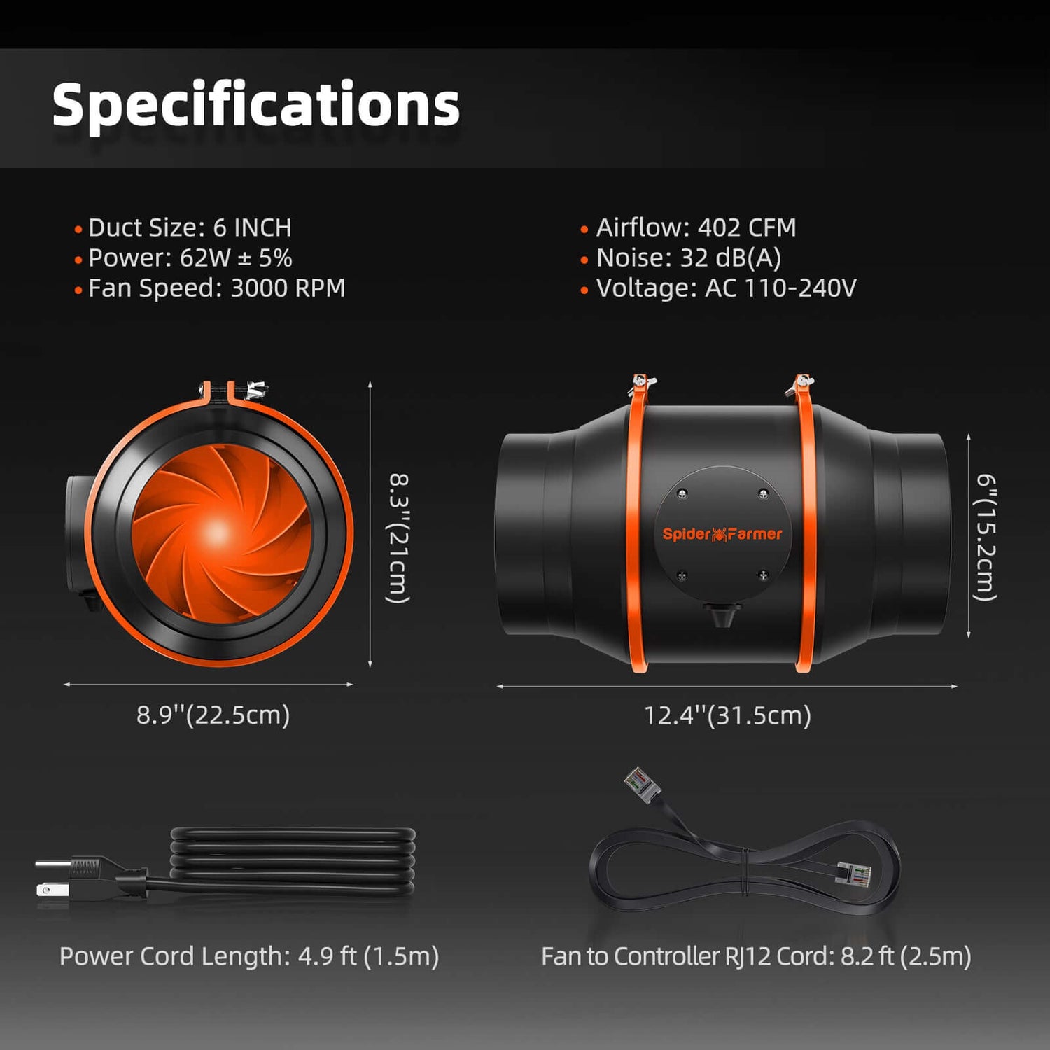 Spider Farmer G8600 LED Grow Light + 5' x 5' Grow Tent + 6" Inline Fan Combo with Temperature and Humidity Controller + 6" Clip Fan