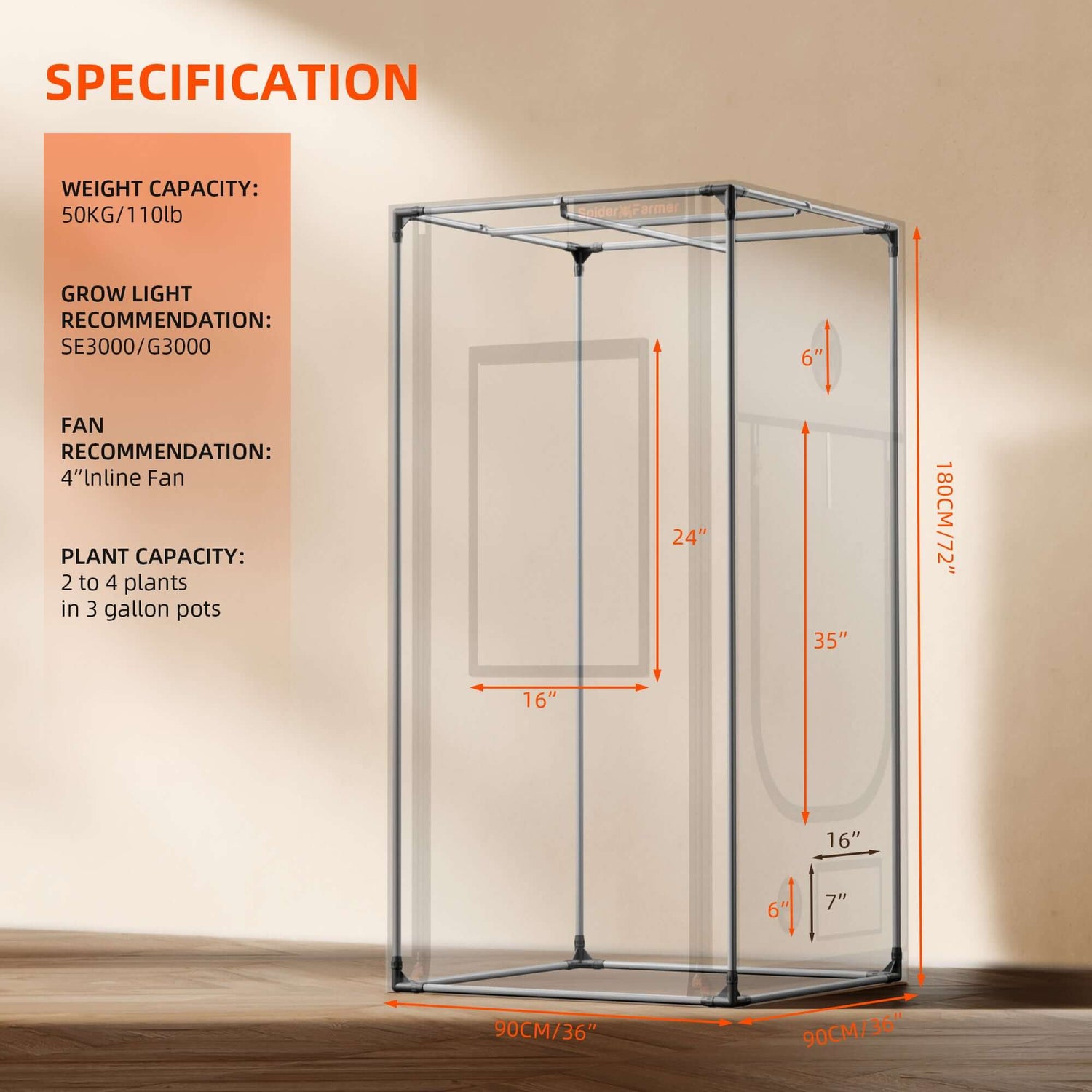 Spider Farmer 3' x 3' x 6' (90 x 90 x 180 cm) Pro White Indoor Grow Tent