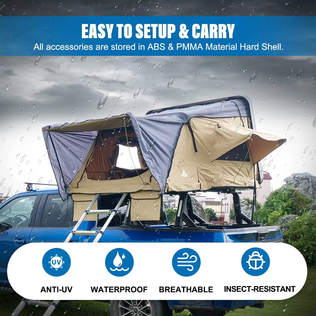 Universal Hardshell Roof Top Tent Outdoor Camping Rooftop Tent Waterproof Tent with Ladder and Sunroof Off-Road Tent for 2-3 Adults Fit Truck SUV Camping