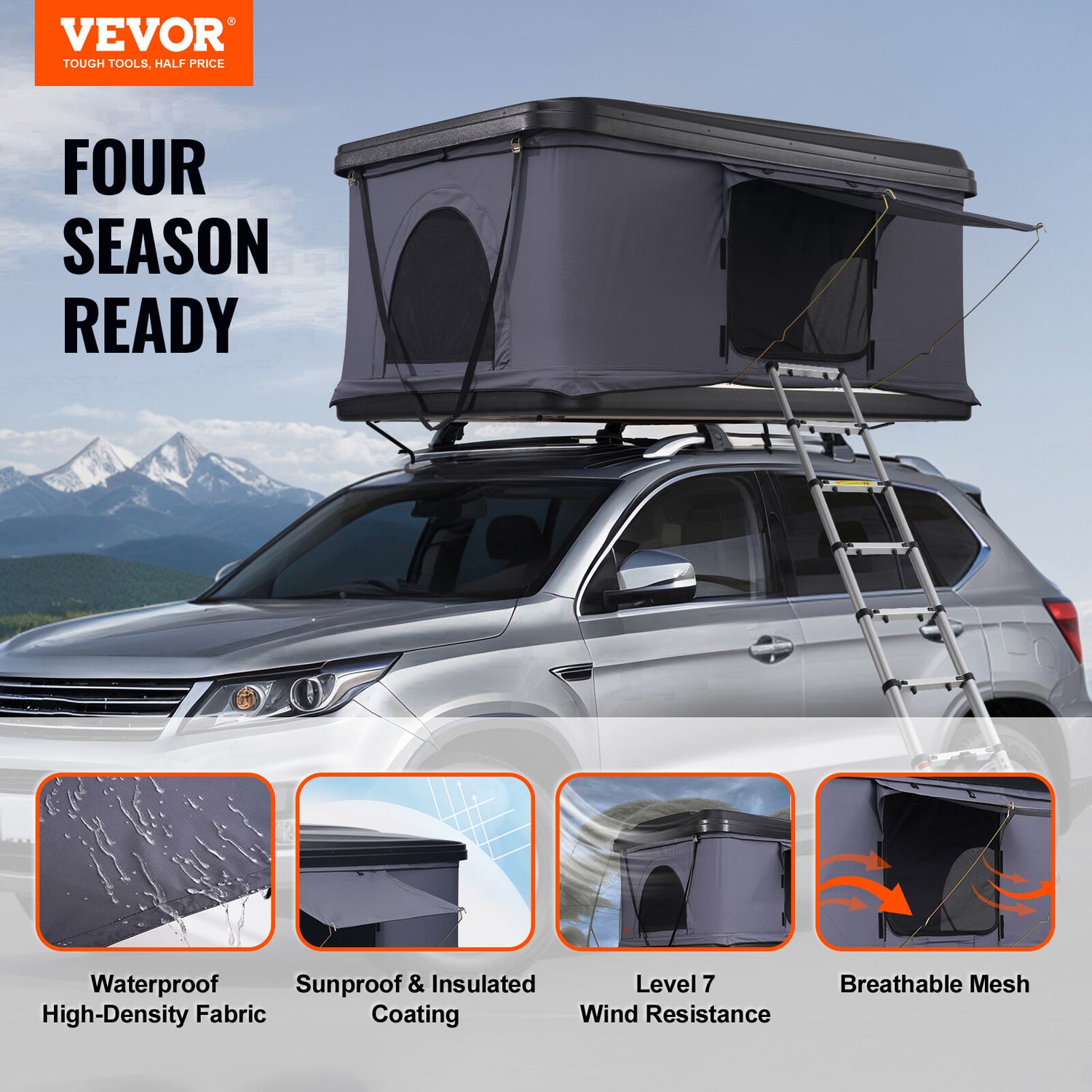 VEVOR Hard Shell Flattop Rooftop Tent W/ Ladder Pop-Up Camper for SUV Jeep