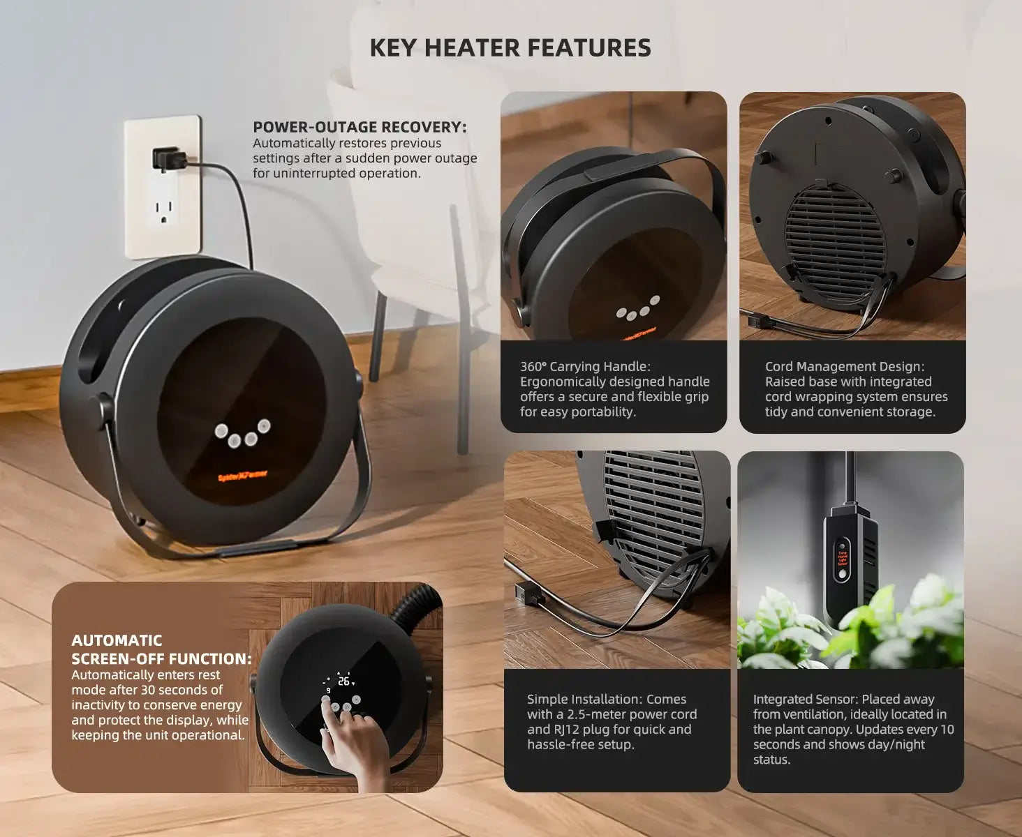 Spider Farmer Grow Tent Heater with Smart Temperature Control, Auto Settings, and 24H Timer