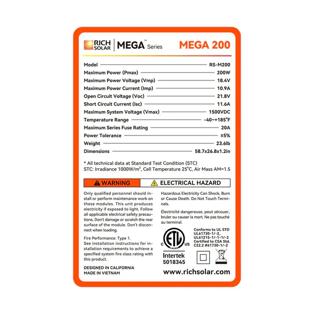 Rich solar MEGA 200 | 200 Watt Solar Panel | 12V Off-Grid Solar Panel for RVs Cabins, Boats | 25-Year Output Warranty