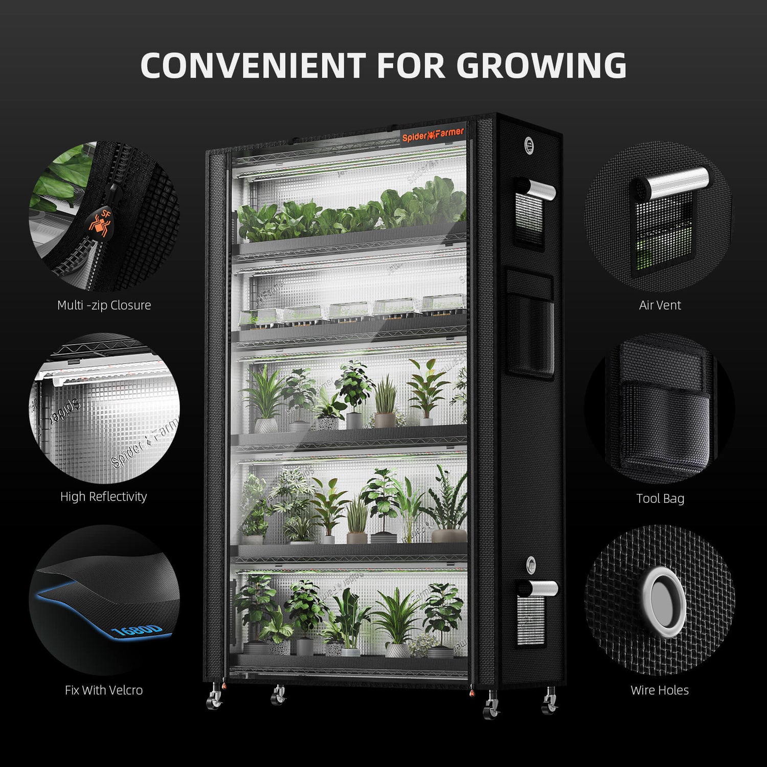 Spider Farmer 6 Tier Plant Stand + 10 x 22W LED Lights Bars + 1' 4" x 3' 8" Grow Tent Kit