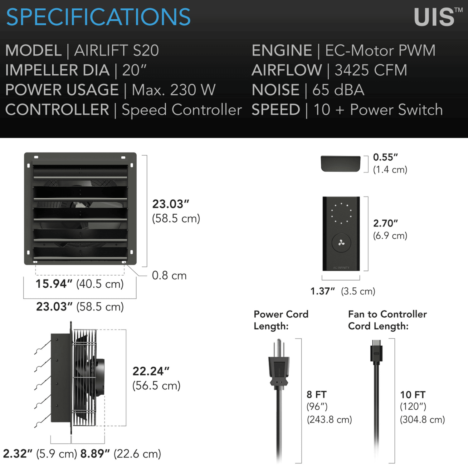 AC Infinity AIRLIFT S20, Shutter Exhaust Ventilation Fan 20", Speed Controller