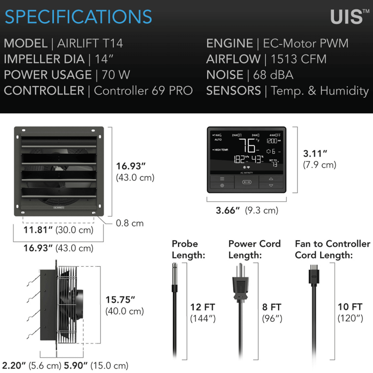 AC Infinity AIRLIFT T14, Shutter Exhaust Ventilation Fan 14", Temperature Humidity Controller