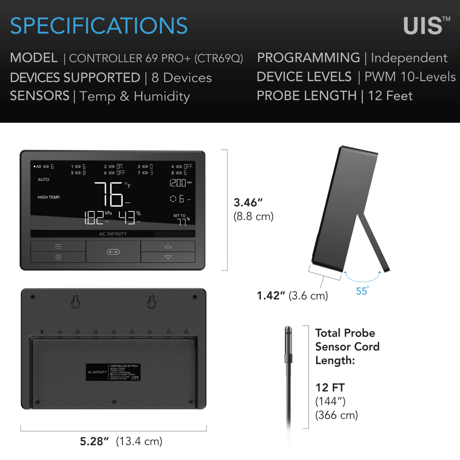 AC Infinity CONTROLLER 69 PRO+, Independent Programs for Eight Devices, Dynamic VPD, Temperature, Humidity, Scheduling, Cycles, Levels Control, Data App, Bluetooth + WiFi