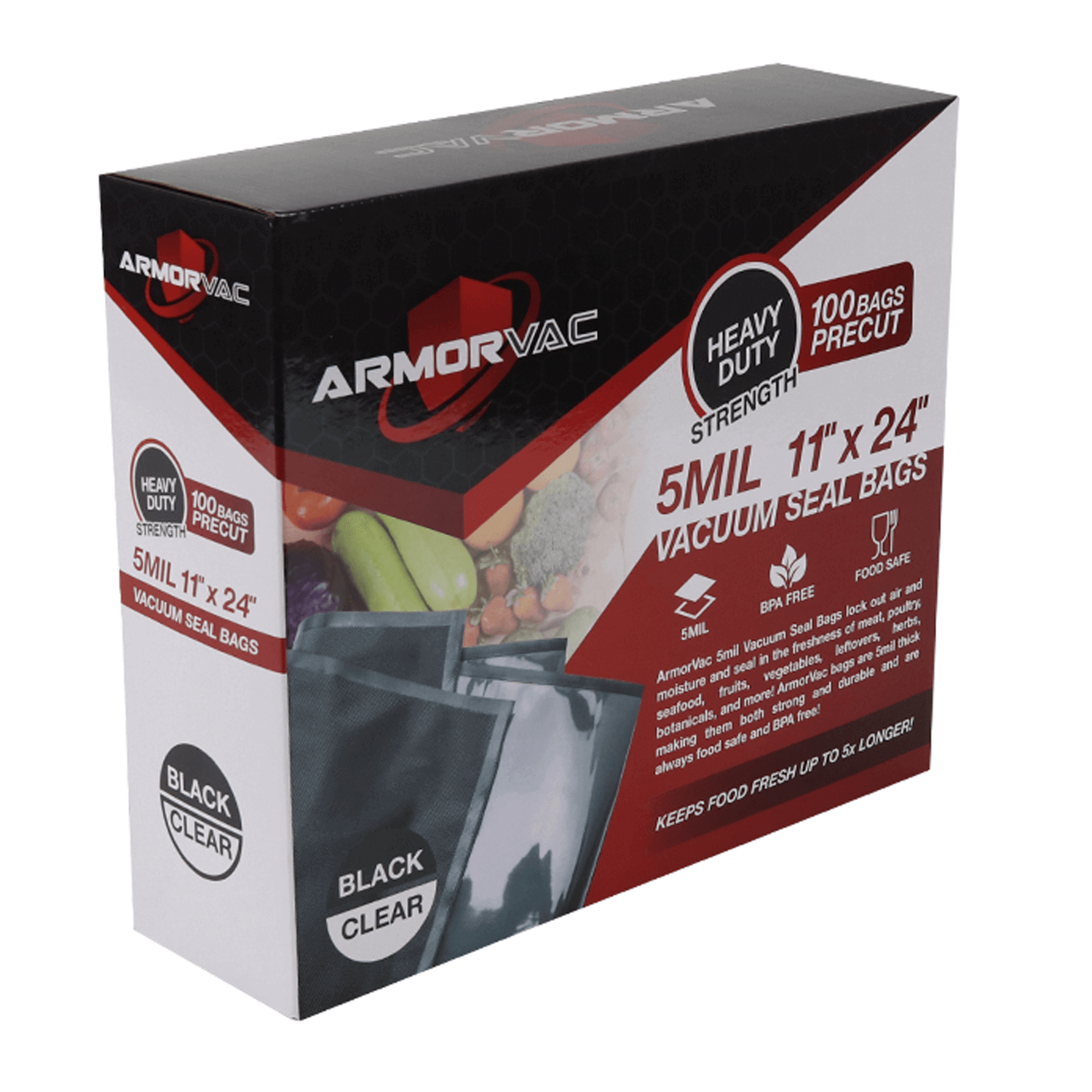 ArmorVac 11"x24" 5mil Precut Vacuum Seal Bags Black & Clear (100 Pack)