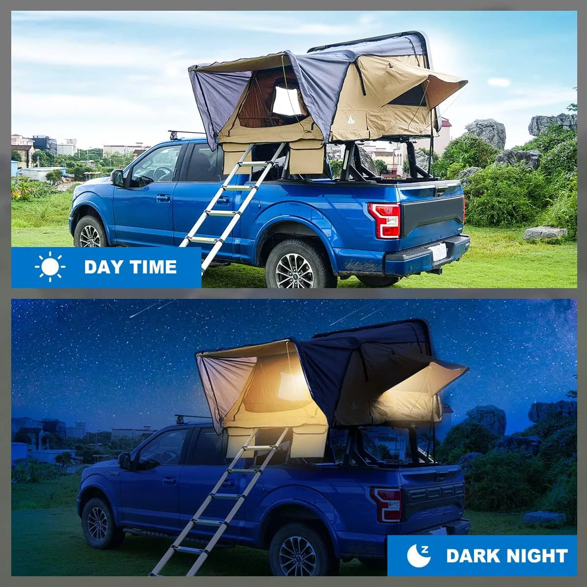 Universal Hardshell Roof Top Tent Outdoor Camping Rooftop Tent Waterproof Tent with Ladder and Sunroof Off-Road Tent for 2-3 Adults Fit Truck SUV Camping