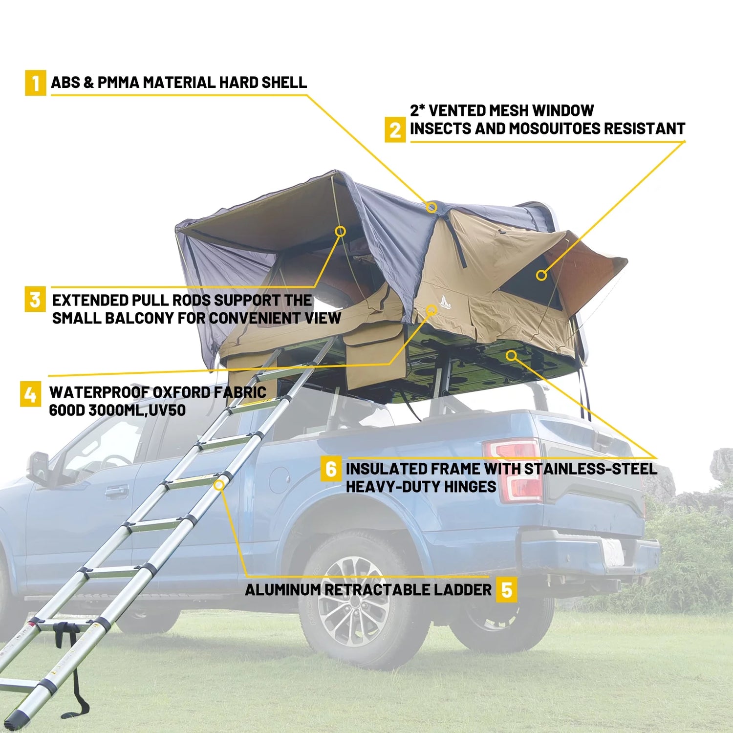 Universal Hardshell Roof Top Tent Outdoor Camping Rooftop Tent Waterproof Tent with Ladder and Sunroof Off-Road Tent for 2-3 Adults Fit Truck SUV Camping