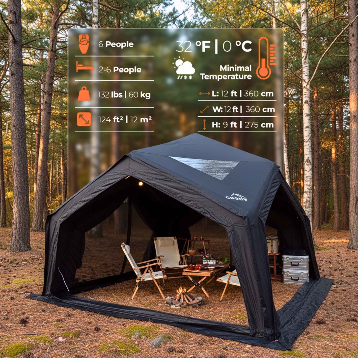 Coody Air Tent Hub Shelter Black Inflatable Tents for Camping (2-6 Person)
