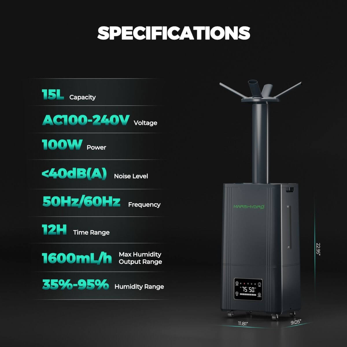 Mars Hydro 15L Large Humidifier with Ultrasonic Cool Mist, Temperature and Humidity Sensor, and Remote Control